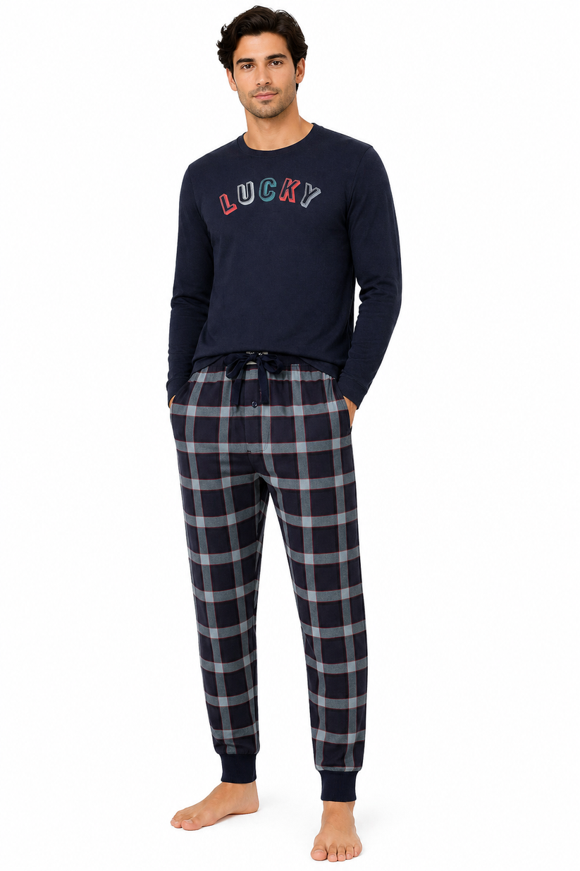 Lucky Brand Mens Pyjama Set Crew Neck Flannel Pants Cotton Lounge Slee - Collar Detail - QHA UK