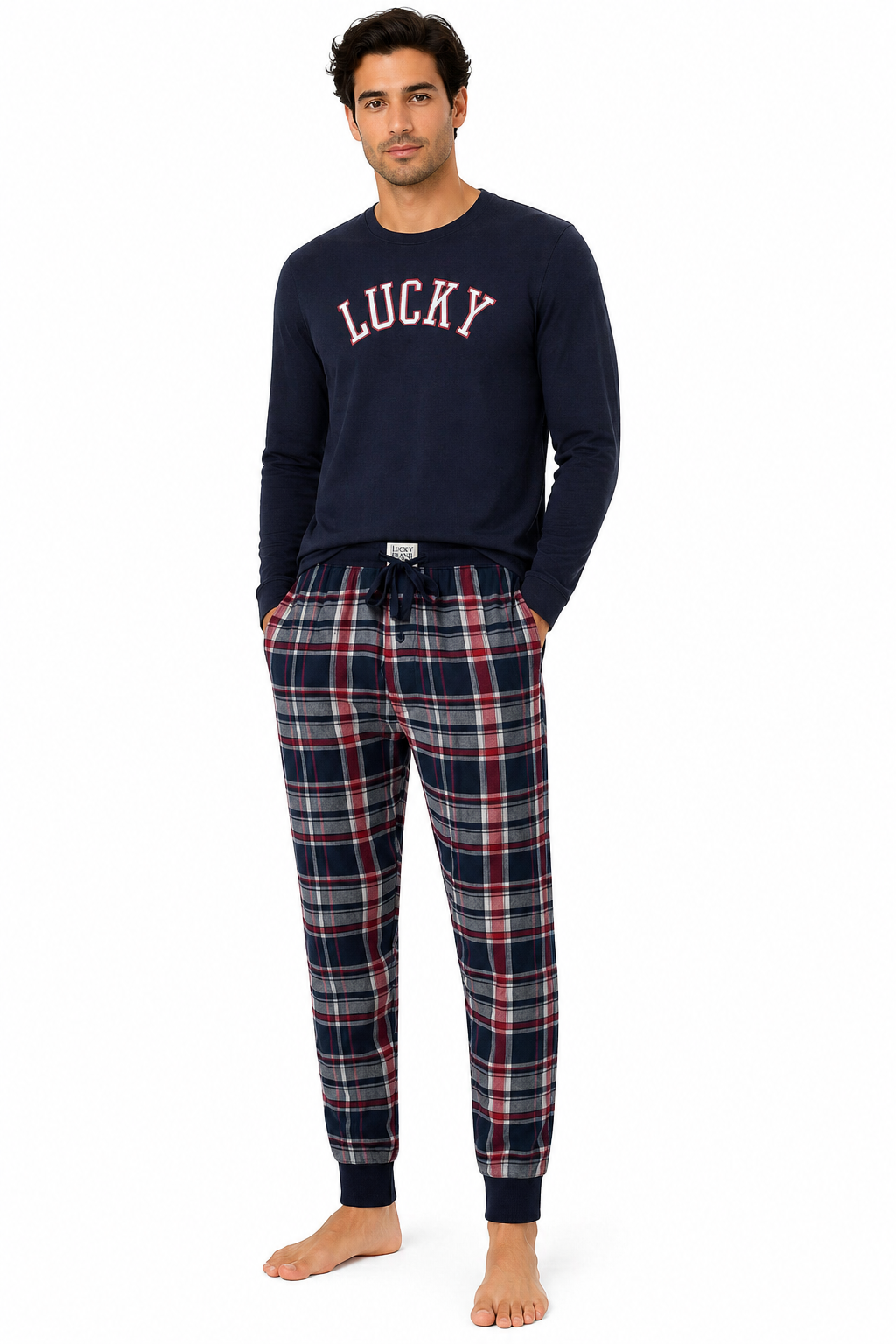 Lucky Brand Mens Pyjama Set Crew Neck Flannel Pants Cotton Lounge Slee - Collar Detail - QHA UK