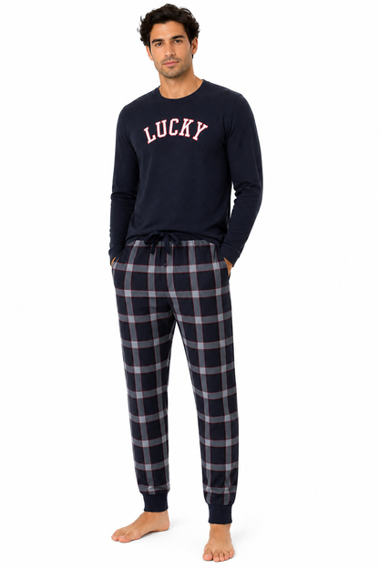 Lucky Brand Mens Pyjama Set Crew Neck Flannel Pants Cotton Lounge Slee - Collar Detail - QHA UK