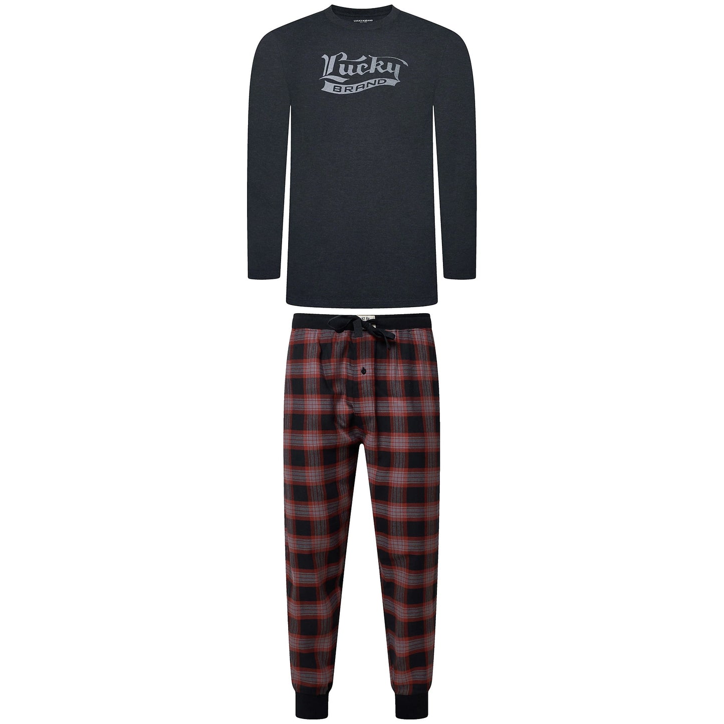 Lucky Brand Mens Pyjama Set Crew Neck Flannel Pants Cotton Lounge Slee - Collar Detail - QHA UK