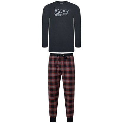 Lucky Brand Mens Pyjama Set Crew Neck Flannel Pants Cotton Lounge Slee - Collar Detail - QHA UK
