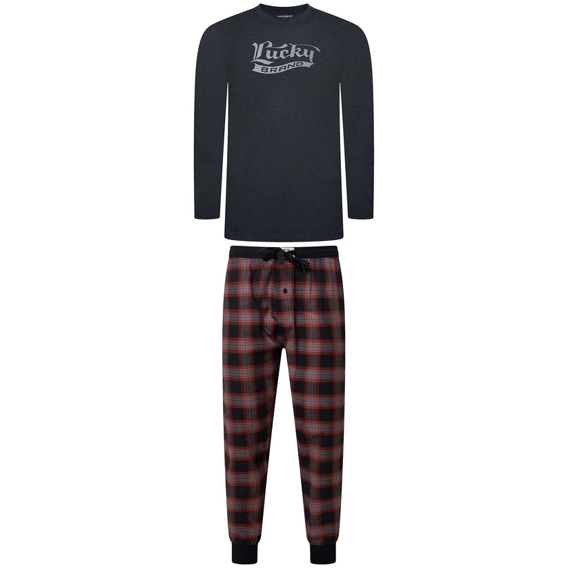 Lucky Brand Mens Pyjama Set Crew Neck Flannel Pants Cotton Lounge Slee - Collar Detail - QHA UK
