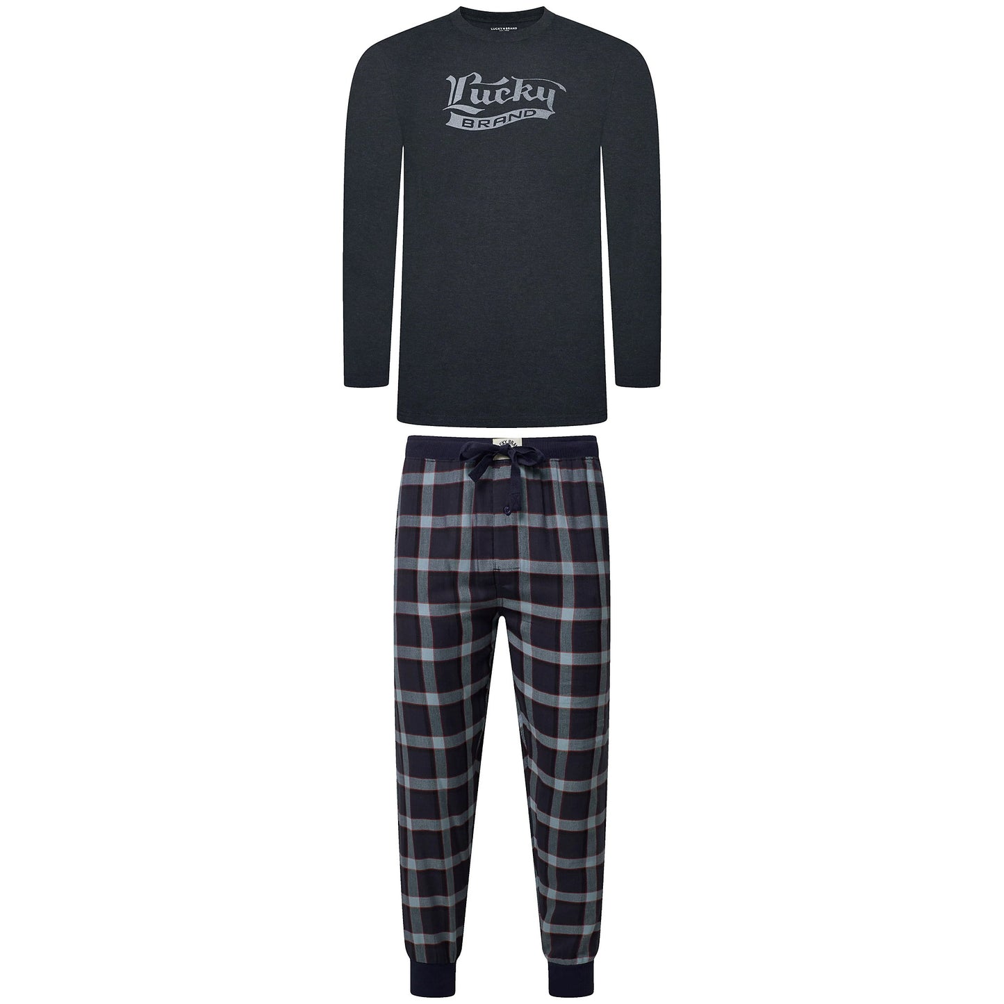 Lucky Brand Mens Pyjama Set Crew Neck Flannel Pants Cotton Lounge Slee - Collar Detail - QHA UK