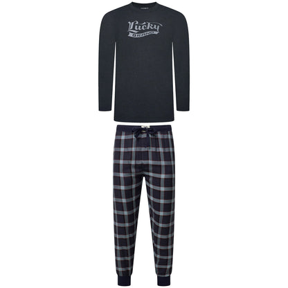 Lucky Brand Mens Pyjama Set Crew Neck Flannel Pants Cotton Lounge Slee - Collar Detail - QHA UK