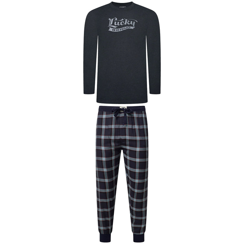 Lucky Brand Mens Pyjama Set Crew Neck Flannel Pants Cotton Lounge Slee - Collar Detail - QHA UK