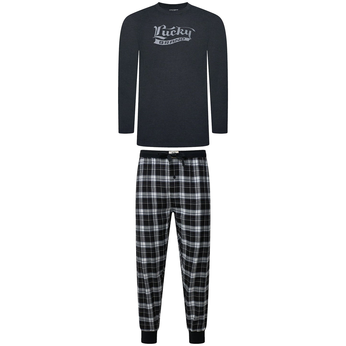Lucky Brand Mens Pyjama Set Crew Neck Flannel Pants Cotton Lounge Slee - Collar Detail - QHA UK