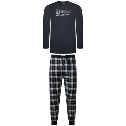 Lucky Brand Mens Pyjama Set Crew Neck Flannel Pants Cotton Lounge Slee - Collar Detail - QHA UK