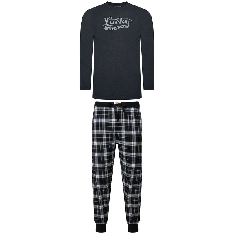 Lucky Brand Mens Pyjama Set Crew Neck Flannel Pants Cotton Lounge Slee - Collar Detail - QHA UK