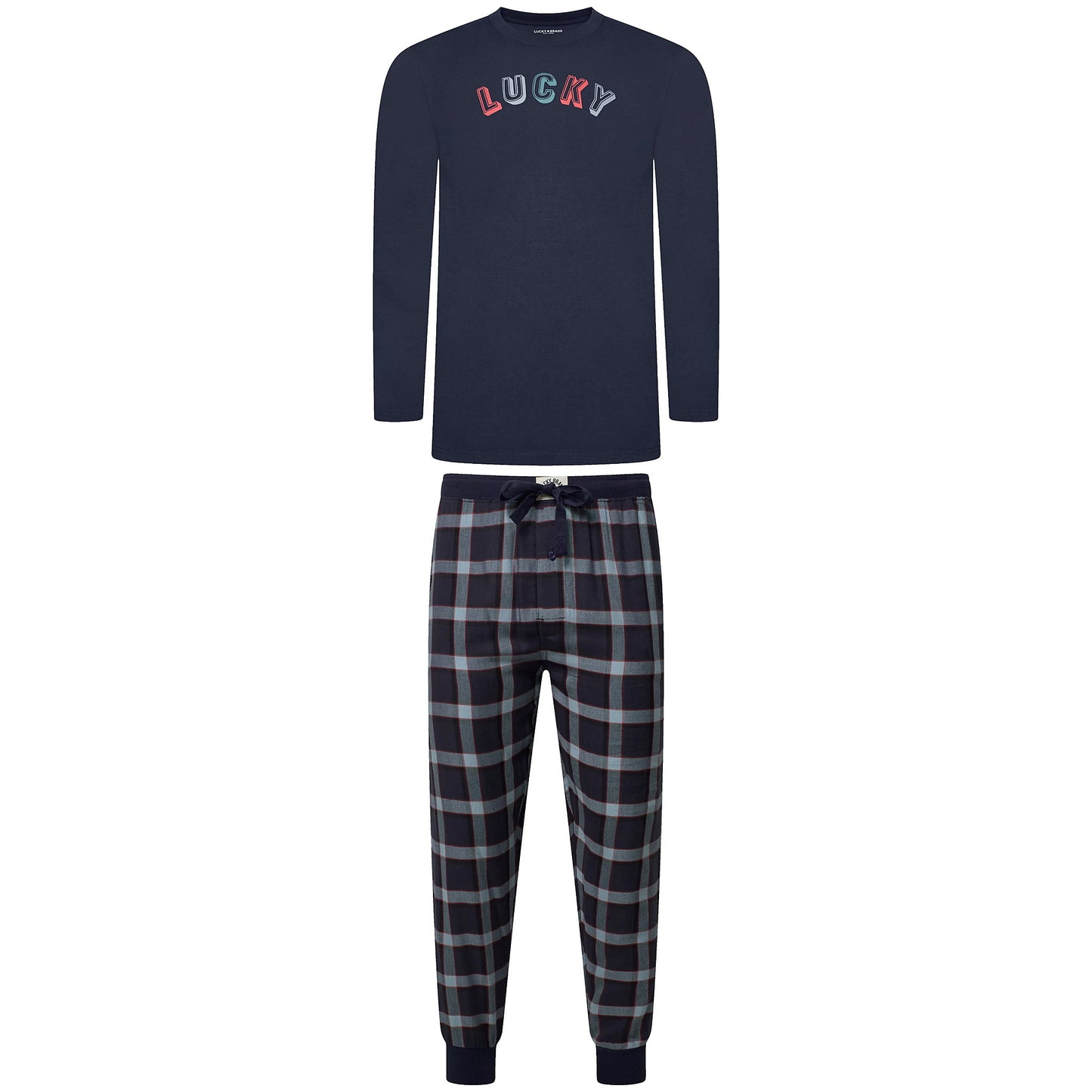 Lucky Brand Mens Pyjama Set Crew Neck Flannel Pants Cotton Lounge Slee - Collar Detail - QHA UK