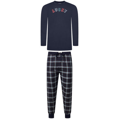Lucky Brand Mens Pyjama Set Crew Neck Flannel Pants Cotton Lounge Slee - Collar Detail - QHA UK