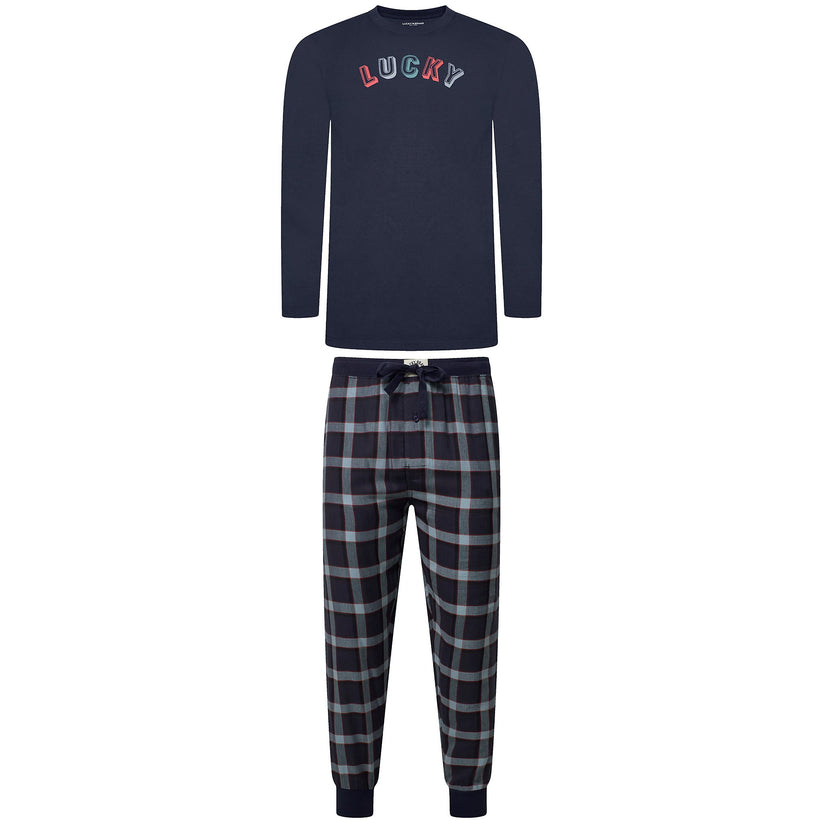 Lucky Brand Mens Pyjama Set Crew Neck Flannel Pants Cotton Lounge Slee - Collar Detail - QHA UK