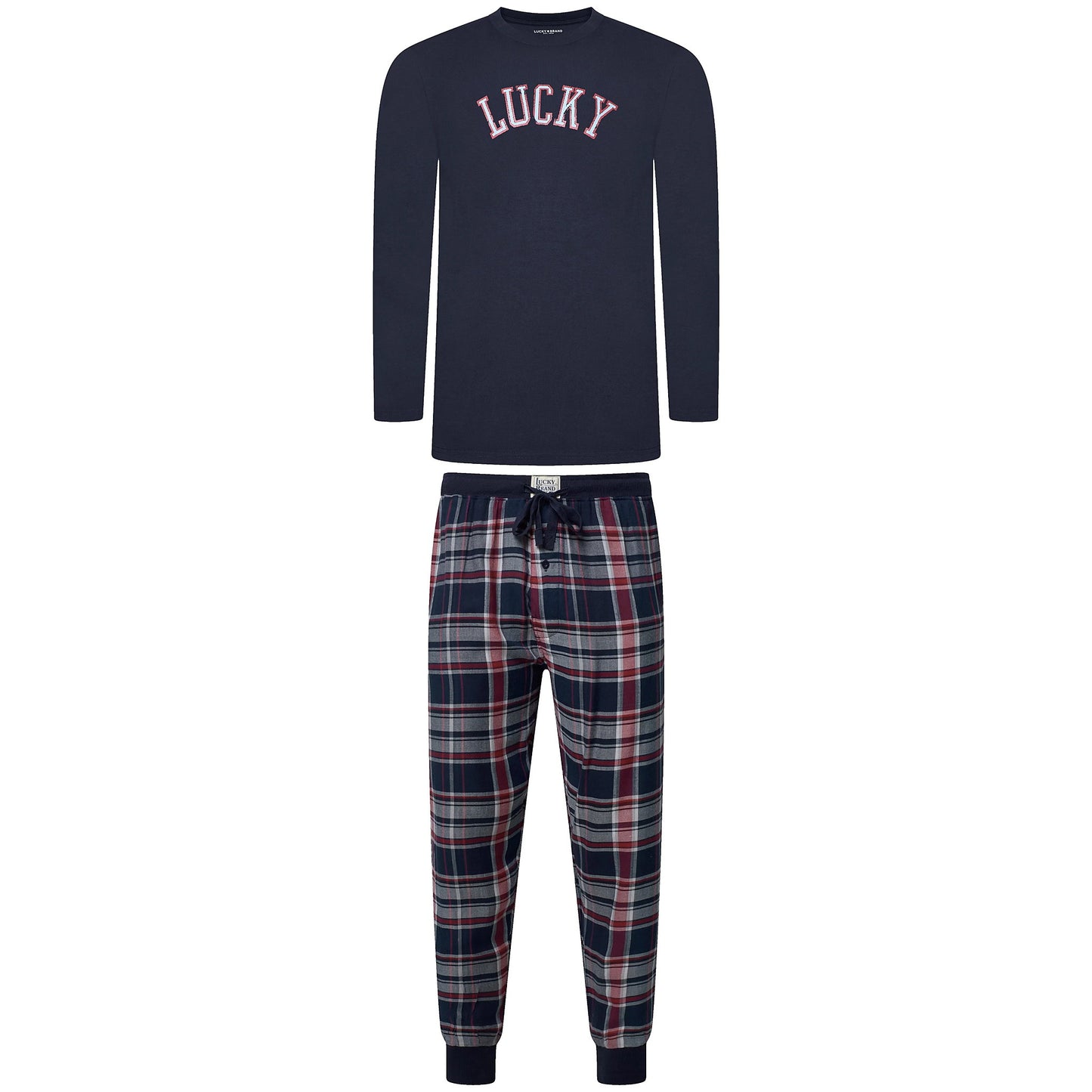 Lucky Brand Mens Pyjama Set Crew Neck Flannel Pants Cotton Lounge Slee - Collar Detail - QHA UK
