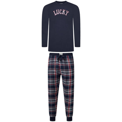 Lucky Brand Mens Pyjama Set Crew Neck Flannel Pants Cotton Lounge Slee - Collar Detail - QHA UK