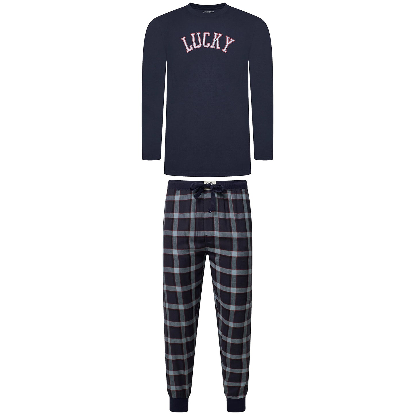 Lucky Brand Mens Pyjama Set Crew Neck Flannel Pants Cotton Lounge Slee - Collar Detail - QHA UK