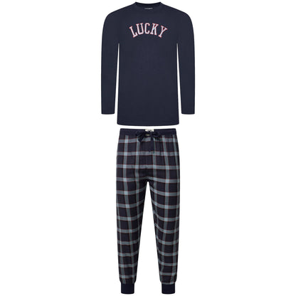 Lucky Brand Mens Pyjama Set Crew Neck Flannel Pants Cotton Lounge Slee - Collar Detail - QHA UK