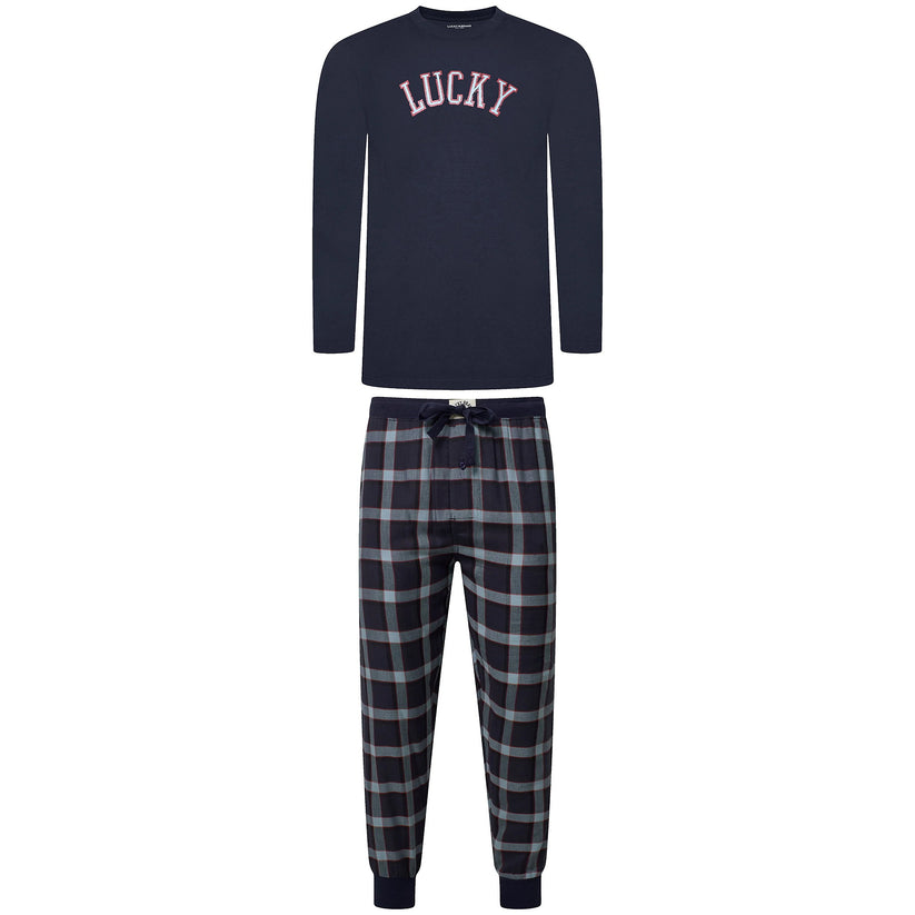 Lucky Brand Mens Pyjama Set Crew Neck Flannel Pants Cotton Lounge Slee - Collar Detail - QHA UK