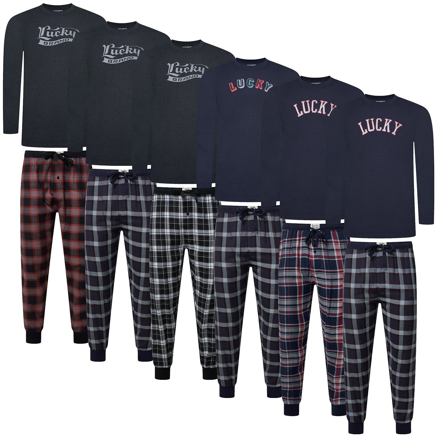 Lucky Brand Mens Pyjama Set Crew Neck Flannel Pants Cotton Lounge Slee - Collar Detail - QHA UK