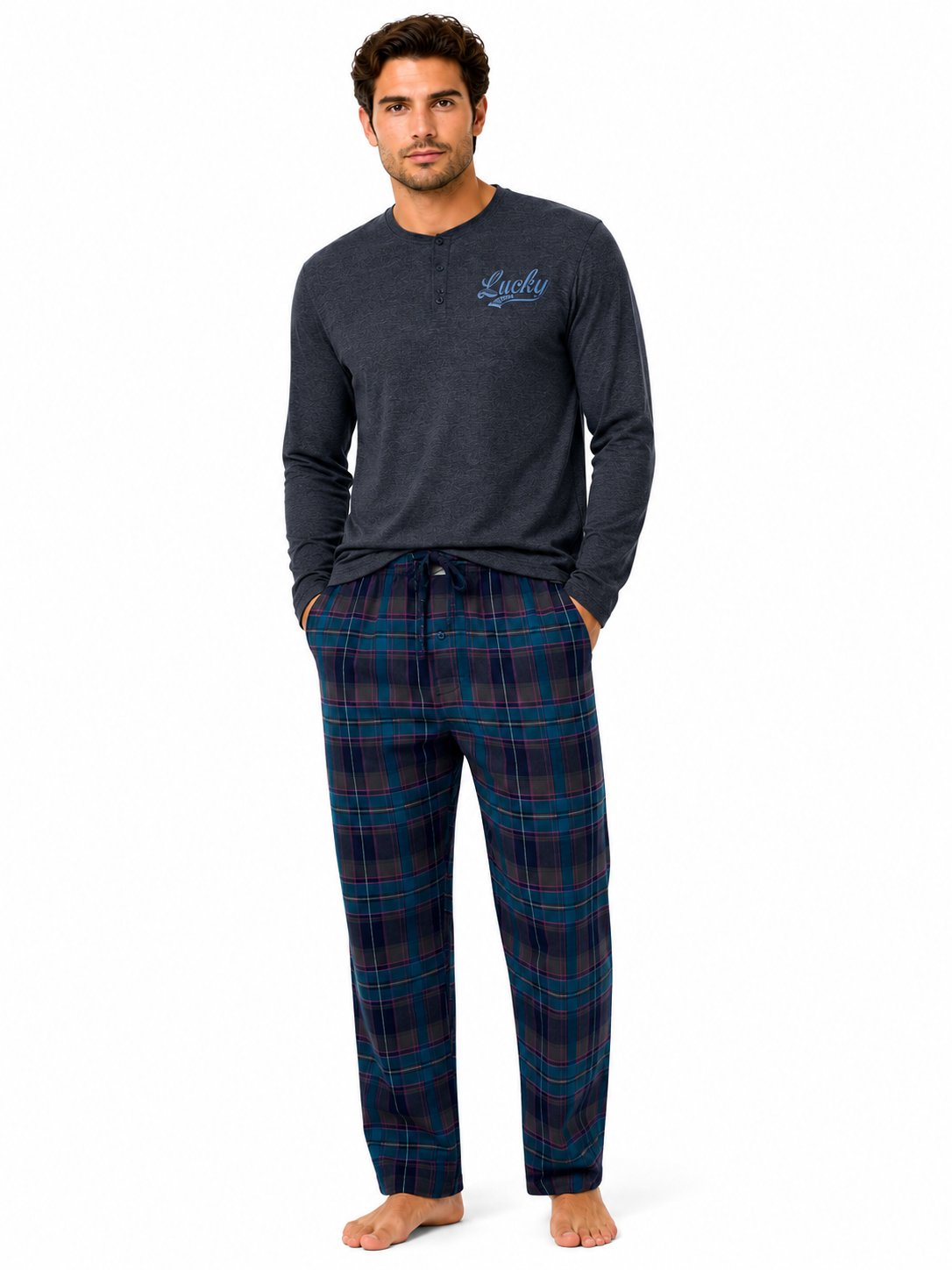 Lucky Brand Mens Henley Pyjama Set Flannel Check Lounge Pants PJs S-XL - QHA UK