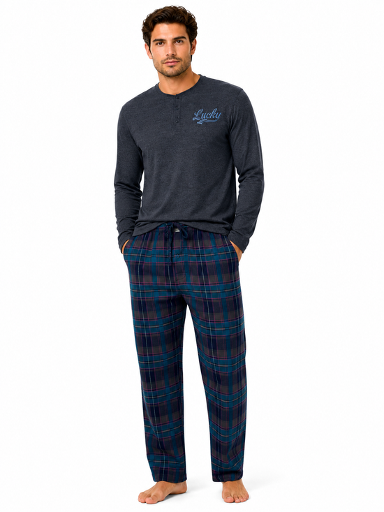 Lucky Brand Mens Henley Pyjama Set Flannel Check Lounge Pants PJs S-XL - QHA UK