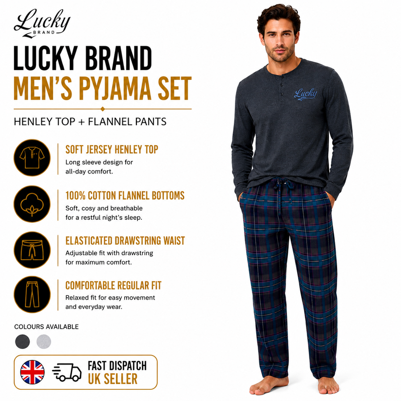 Lucky Brand Mens Henley Pyjama Set Flannel Check Lounge Pants PJs S-XL - QHA UK