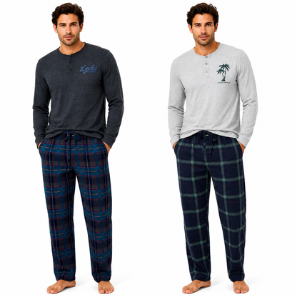 Lucky Brand Mens Henley Pyjama Set Flannel Check Lounge Pants PJs S-XL - QHA UK