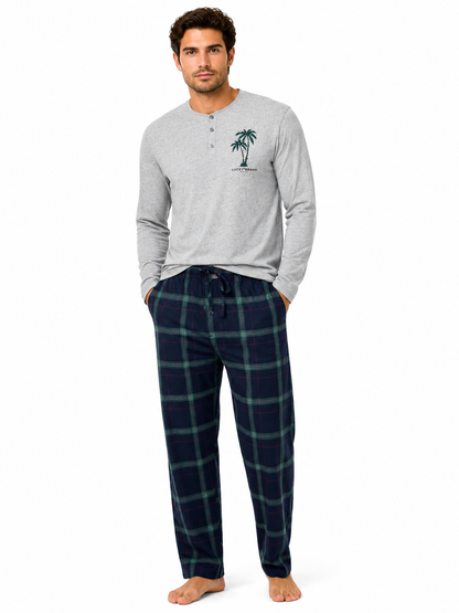 Lucky Brand Mens Henley Pyjama Set Flannel Check Lounge Pants PJs S-XL - QHA UK