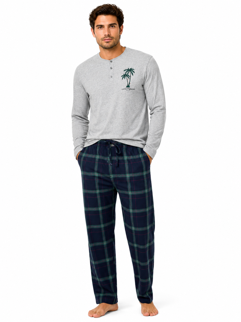 Lucky Brand Mens Henley Pyjama Set Flannel Check Lounge Pants PJs S-XL - QHA UK