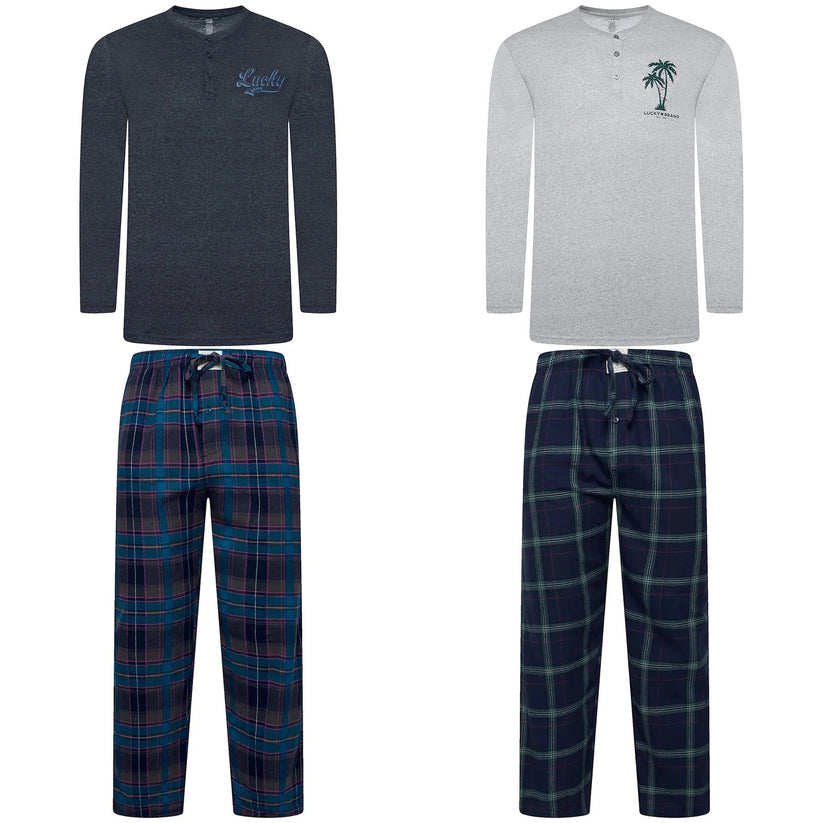 Lucky Brand Mens Henley Pyjama Set Flannel Check Lounge Pants PJs S-XL - QHA UK