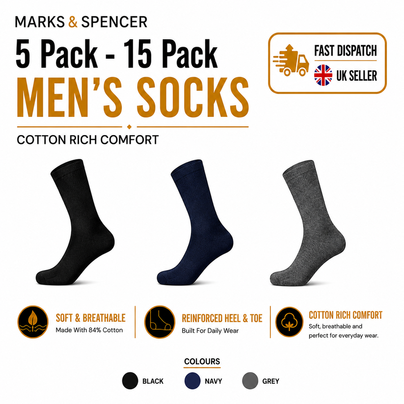 M&S Mens Cotton Rich Socks UK 9-12 Work Formal Everyday Breathable 5-1 - QHA UK