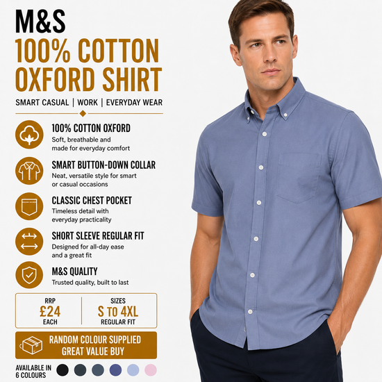M&S Ultimate Pure Cotton Oxford Shirt Mens Short Sleeve S-4XL | Qualit - Sleeve Detail - QHA UK