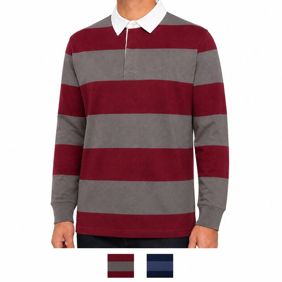M&S Men's Striped Cotton Rugby Shirt | Long Sleeve | S–2XL | Navy & Burgundy - QHA UK