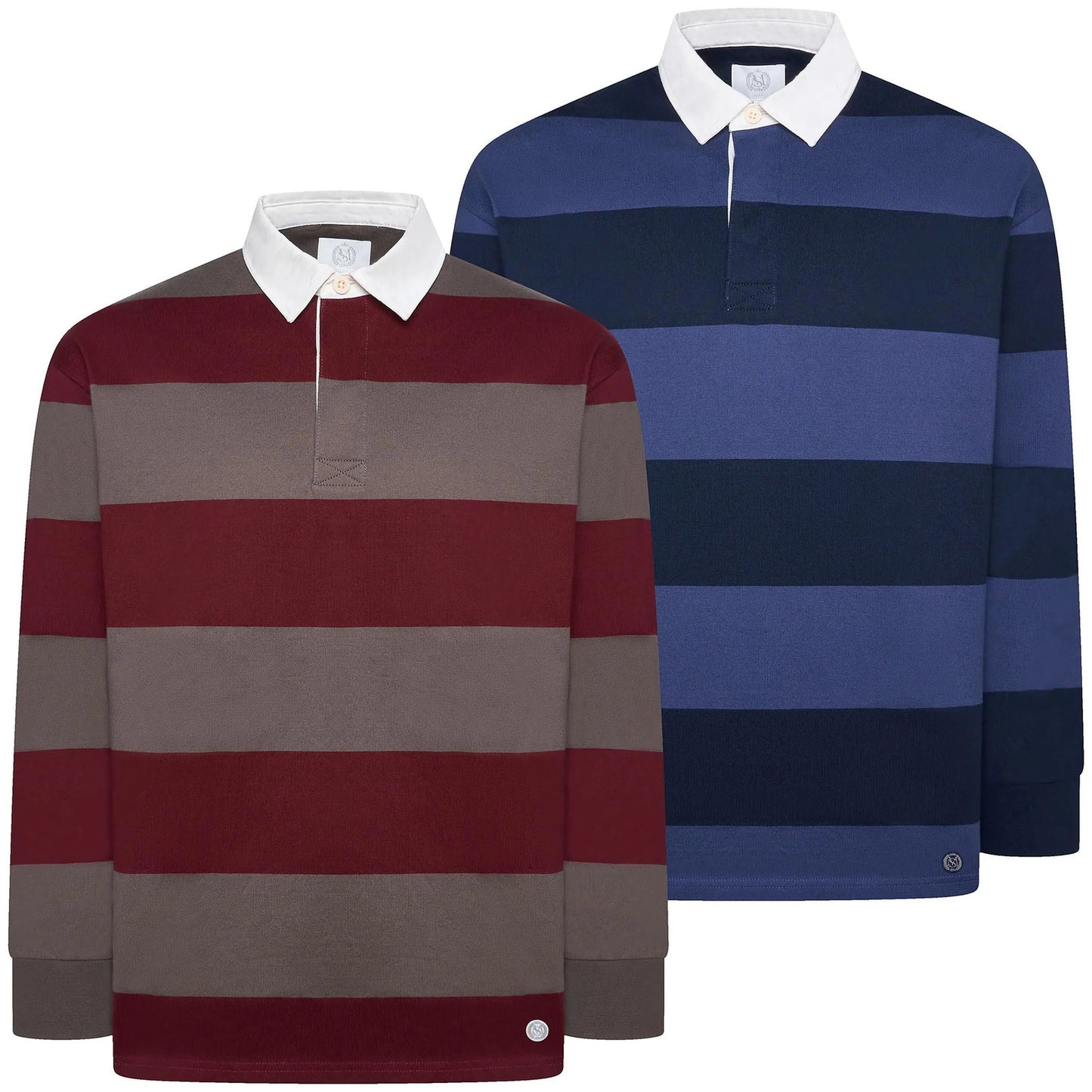 M&S Men's Striped Cotton Rugby Shirt | Long Sleeve | S–2XL | Navy & Burgundy - Sleeve Detail - QHA UK