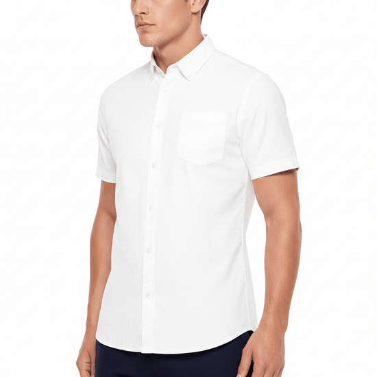 M&S Men's Pure Cotton Oxford Shirt | Short Sleeve | S–4XL | Navy, White, Sky Blue - QHA UK