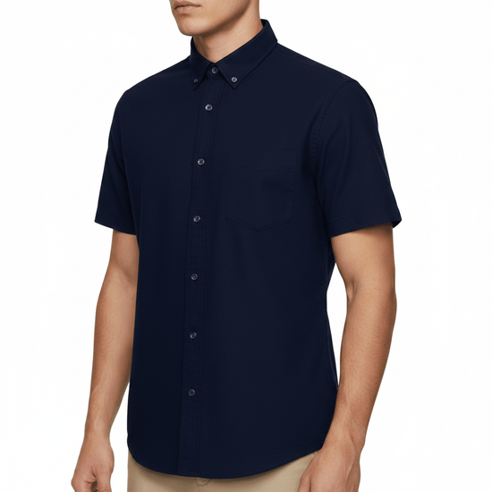 M&S Men's Pure Cotton Oxford Shirt | Short Sleeve | S–4XL | Navy, White, Sky Blue - Sleeve Detail - QHA UK