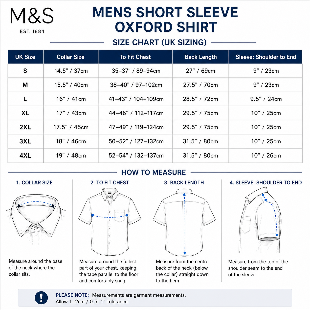 M&S Men's Pure Cotton Oxford Shirt | Short Sleeve | S–4XL | Navy, White, Sky Blue - Size Guide - QHA UK