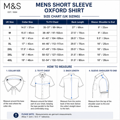 M&S Men's Pure Cotton Oxford Shirt | Short Sleeve | S–4XL | Navy, White, Sky Blue - Size Guide - QHA UK