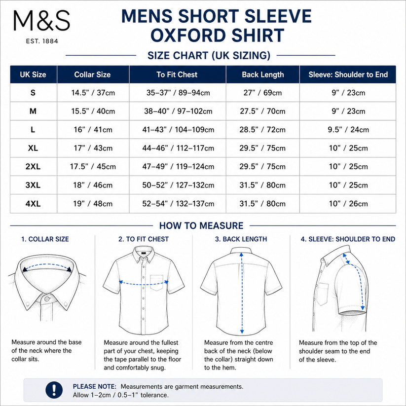 M&S Men's Pure Cotton Oxford Shirt | Short Sleeve | S–4XL | Navy, White, Sky Blue - Size Guide - QHA UK