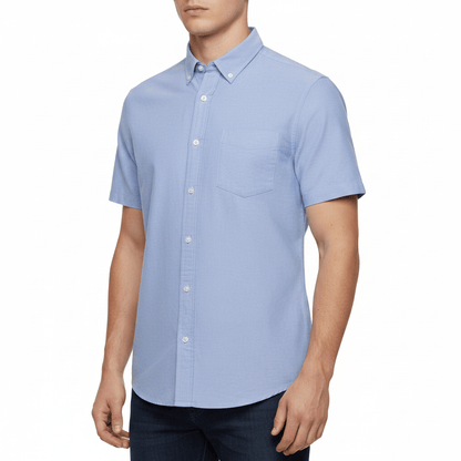 M&S Men's Pure Cotton Oxford Shirt | Short Sleeve | S–4XL | Navy, White, Sky Blue - Sleeve Detail - QHA UK