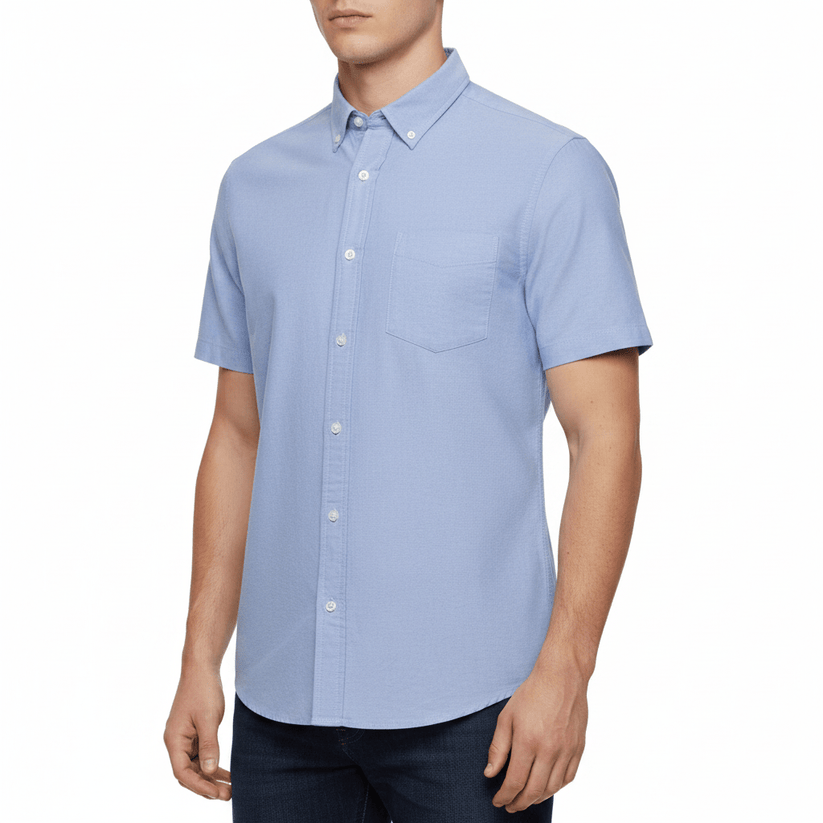 M&S Men's Pure Cotton Oxford Shirt | Short Sleeve | S–4XL | Navy, White, Sky Blue - Sleeve Detail - QHA UK