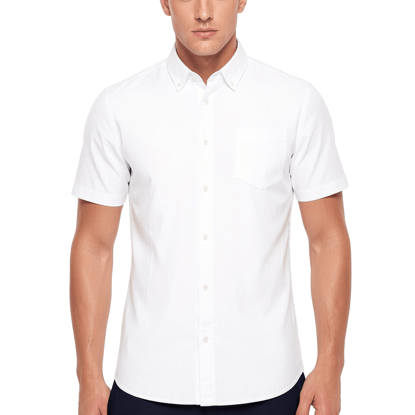 M&S Men's Pure Cotton Oxford Shirt | Short Sleeve | S–4XL | Navy, White, Sky Blue - Sleeve Detail - QHA UK