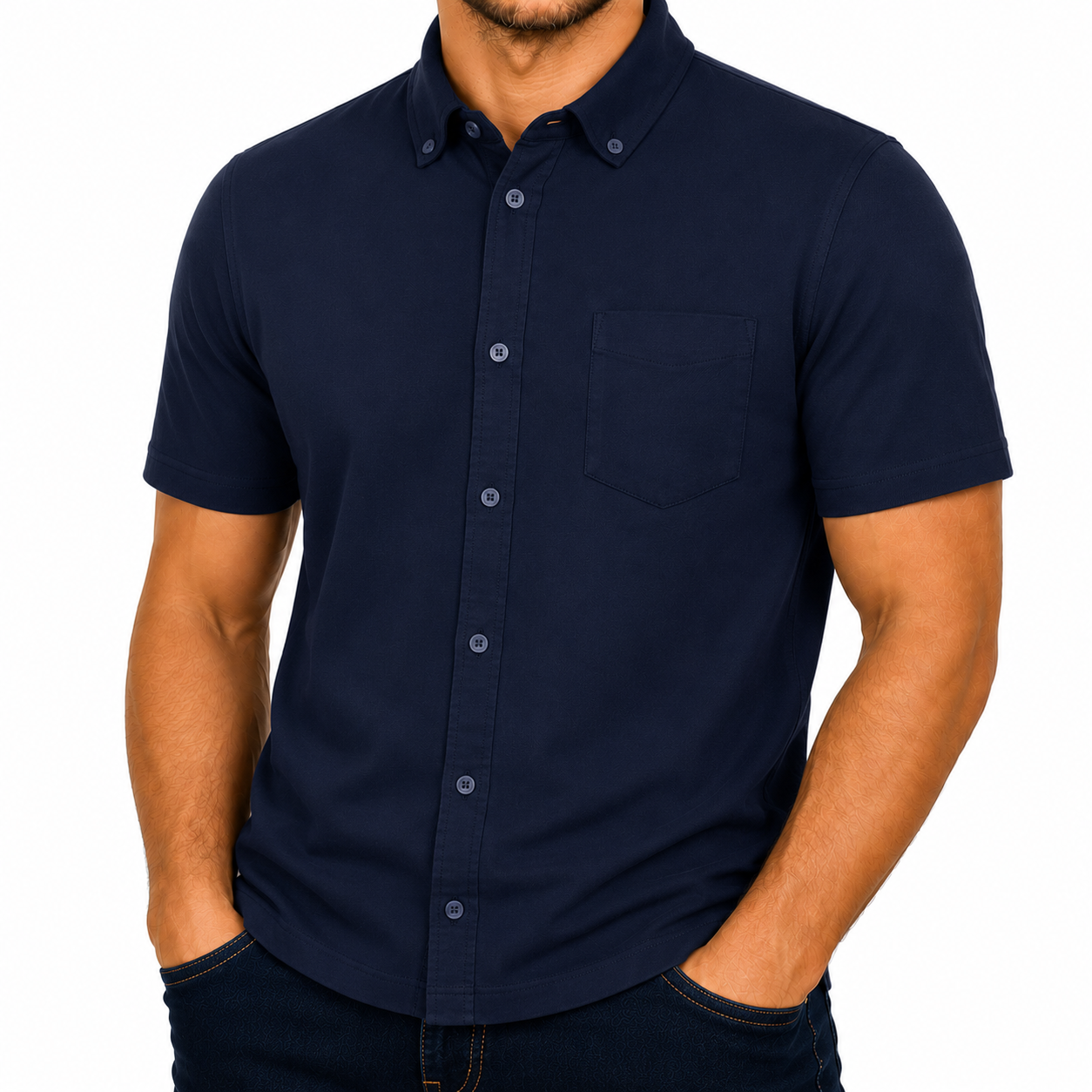 M&S Mens Cotton Oxford Shirt Short Sleeve Button Down Regular Fit | Qu - QHA UK