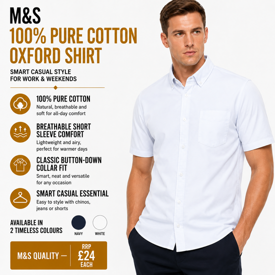 M&S Mens Cotton Oxford Shirt Short Sleeve Button Down Regular Fit | Qu - Sleeve Detail - QHA UK