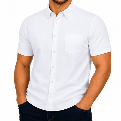 M&S Mens Cotton Oxford Shirt Short Sleeve Button Down Regular Fit | Qu - Sleeve Detail - QHA UK