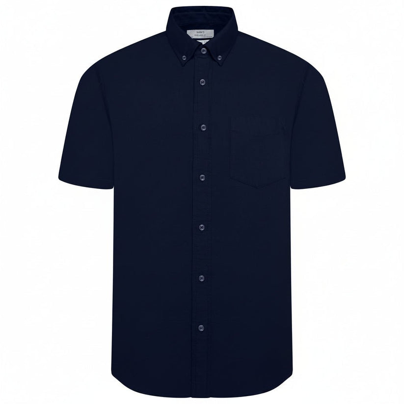 M&S Men's Pure Cotton Oxford Shirt | Short Sleeve | S–4XL | Navy, White, Sky Blue - Sleeve Detail - QHA UK
