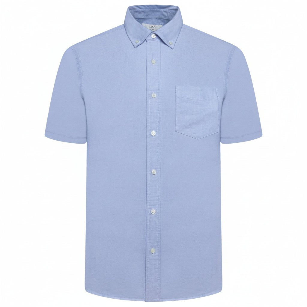 M&S Men's Pure Cotton Oxford Shirt | Short Sleeve | S–4XL | Navy, White, Sky Blue - Sleeve Detail - QHA UK