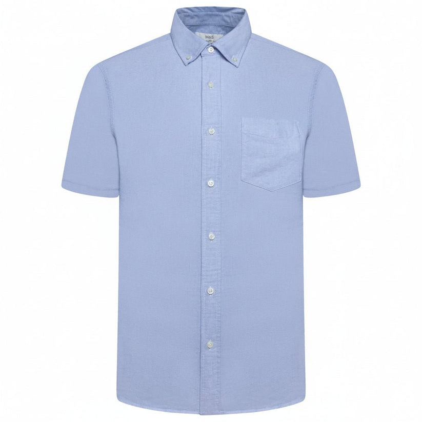 M&S Men's Pure Cotton Oxford Shirt | Short Sleeve | S–4XL | Navy, White, Sky Blue - Sleeve Detail - QHA UK