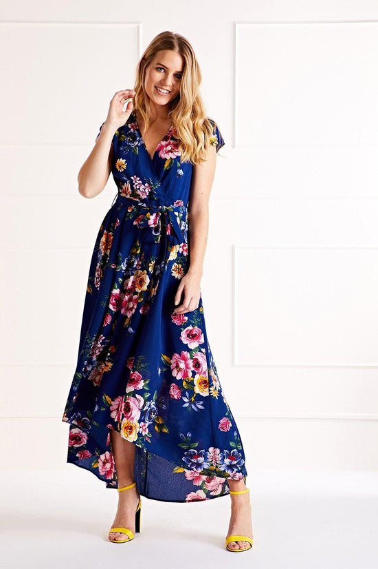 Mela Navy Floral Wrap Midi Dress | Dipped Hem | UK Sizes 6–28 - QHA UK