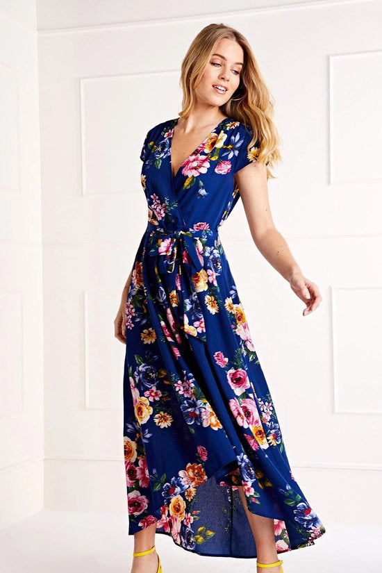 Mela Navy Floral Wrap Midi Dress | Dipped Hem | UK Sizes 6–28 - QHA UK