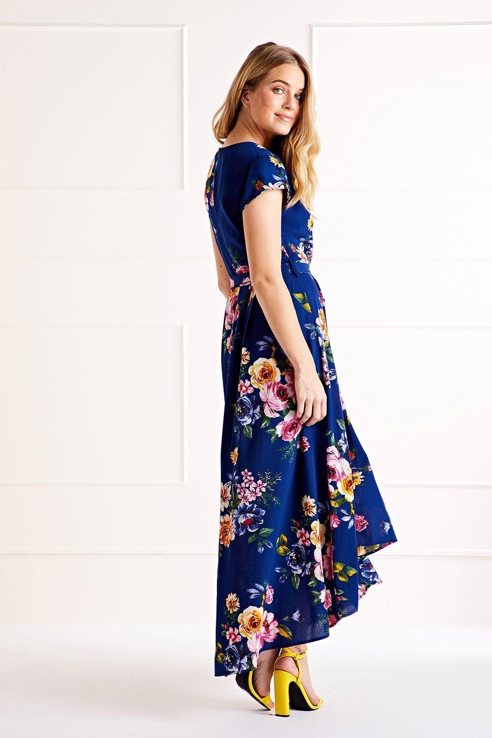 Mela Navy Floral Wrap Midi Dress | Dipped Hem | UK Sizes 6–28 - QHA UK