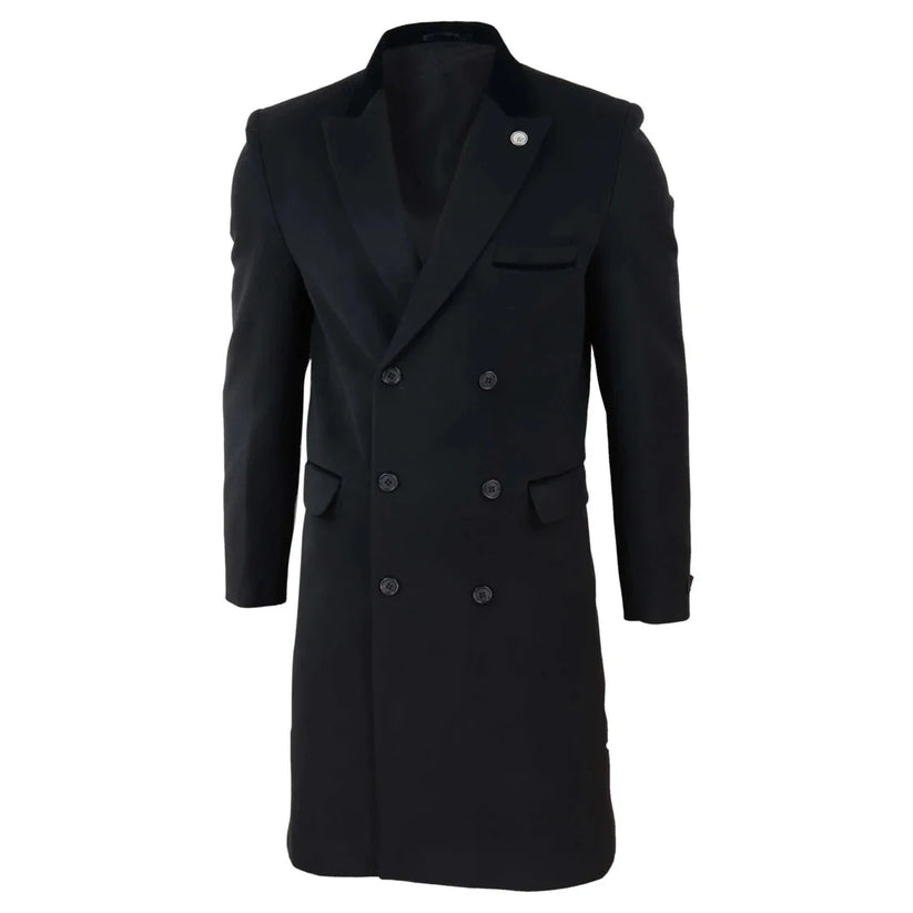 Men's 3/4 Double Breasted Overcoat | Peaky Blinders Wool Coat | TruClothing - Angled View - QHA UK
